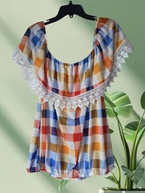 paper tee Multicolor‎ Plaid Crochet-Trim Off-Shoulder Top